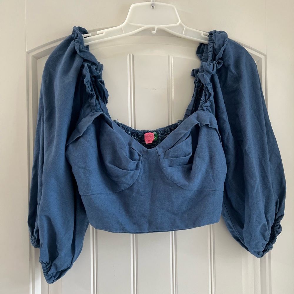 Farm Rio Blue Puff Sleeve Linen Blend Crop Top Size M